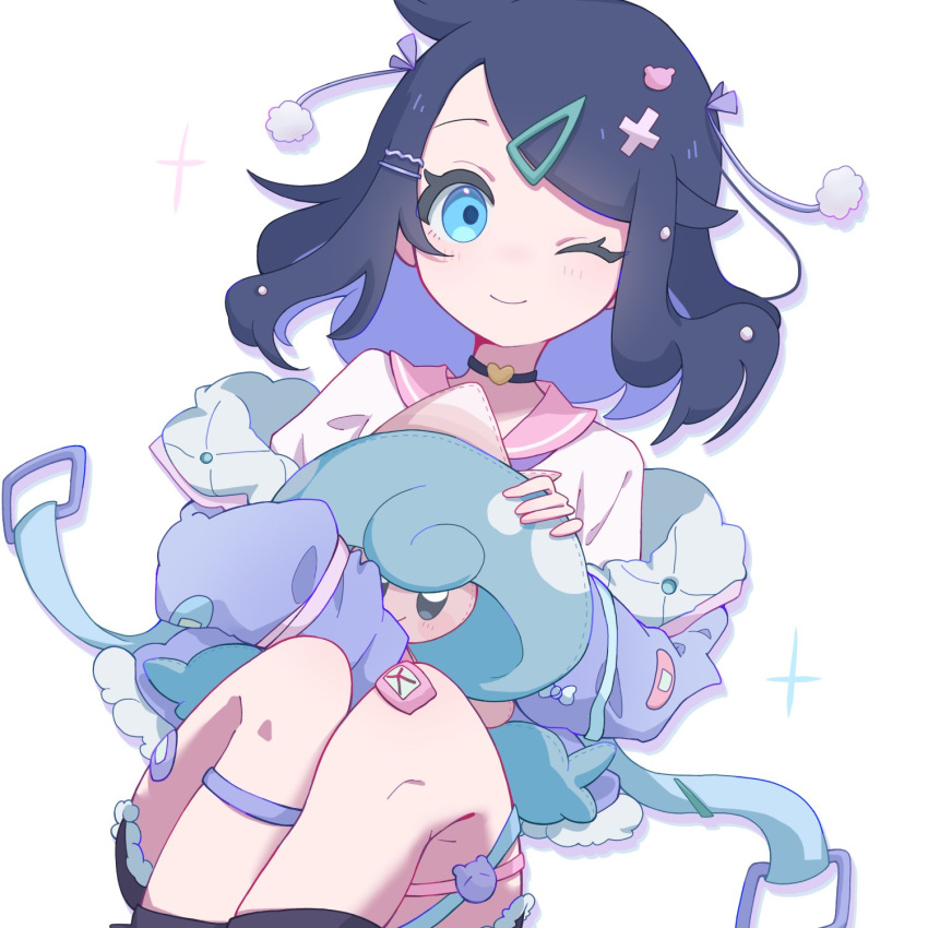 1girl, black_hair, black_shorts, blue_eyes, blue_hair, blush, closed_mouth, cowlick