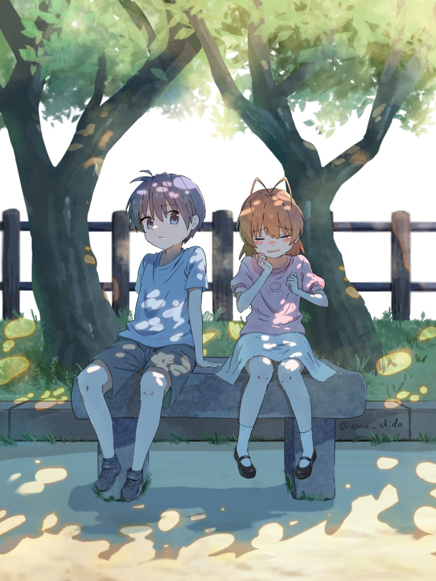 1boy, 1girl, aged_down, antenna_hair, blue_eyes, blue_hair, blue_shirt, blush, blush_stickers, brown_hair, child, clannad, clenched_hands, closed_eyes, closed_mouth, commentary, crying, dappled_sunlight, day, emu_shido, full_body, furukawa_nagisa, grey_shorts, hair_between_eyes, hands_up, highres, looking_at_another, mary_janes, medium_hair, nose_blush, okazaki_tomoya, open_mouth, outdoors, park, pink_shirt, puffy_short_sleeves, puffy_sleeves, sad, shirt, shoes, short_hair, short_sleeves, shorts, side-by-side, sitting, skirt, socks, spiky_hair, sunlight, t-shirt, white_skirt, white_socks