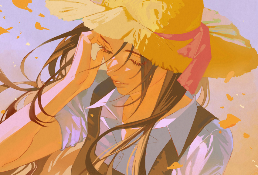 1girl, 2_go00, absurdres, brown_hair, brown_overalls, closed_eyes, commentary, eyelashes, hand_up, hat, hat_ribbon, highres, leaf, light_smile, lips, long_hair, original, outdoors, overalls, parted_lips, pink_ribbon, ribbon, shirt, short_sleeves, solo, straw_hat, symbol-only_commentary, tucking_hair, upper_body, white_shirt, wind