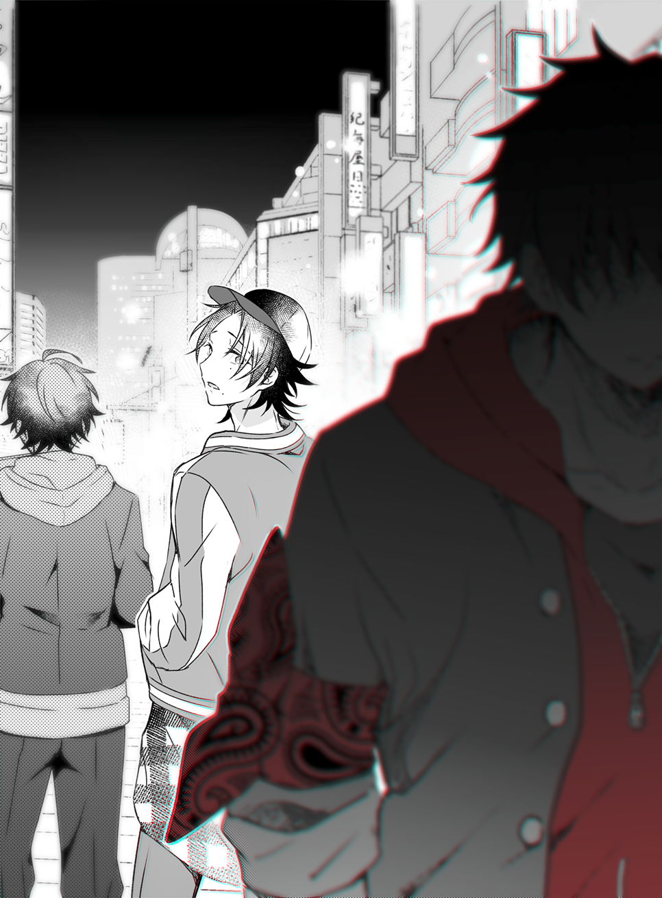 3boys, aged_down, bandana_around_arm, baseball_cap, blurry, blurry_foreground, brothers, buster_bros!!!