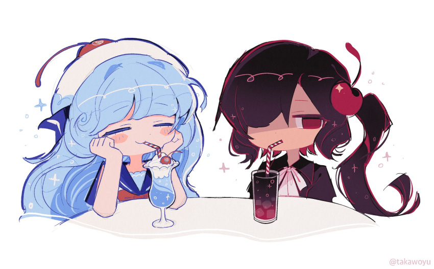 2girls, bare_arms, bare_shoulders, bendy_straw, black_hair, black_shirt, blue_hair, blue_sailor_collar