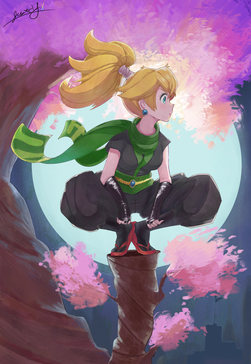 1girl, absurdres, blonde_hair, earrings, full_moon, green_sash, green_scarf, high_ponytail, highres, jewelry, justin_yamagiwa, long_scarf, moon, motoyui, ninja, ninja_peach, official_alternate_costume, princess_peach, princess_peach:_showtime!, sash, scarf, signature, sitting_on_log, solo, sphere_earrings, squatting, super_mario_bros.