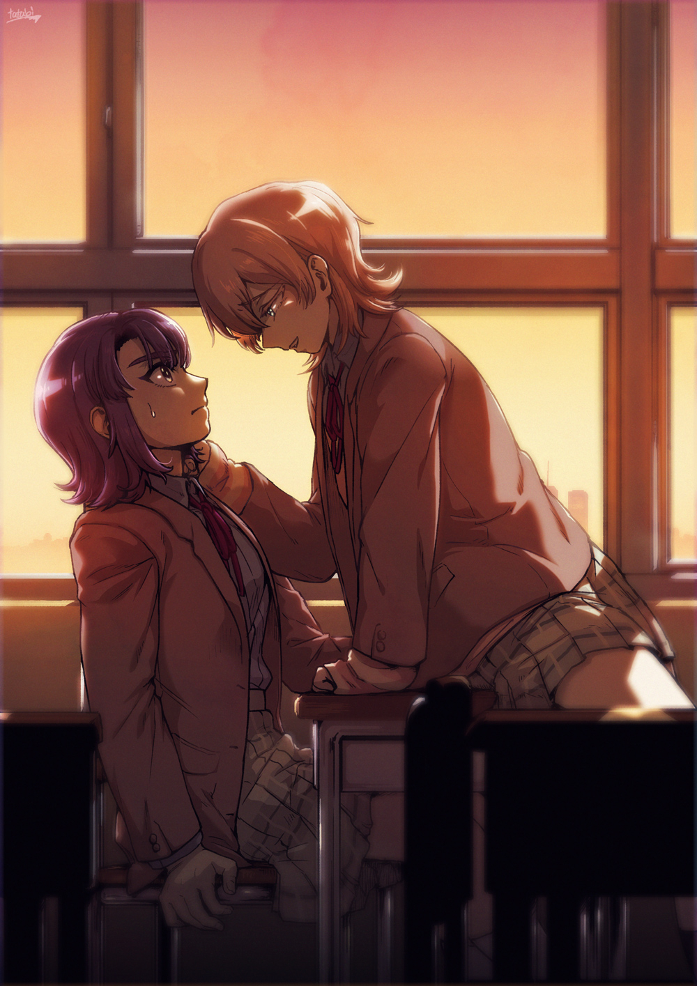 2girls, backlighting, blazer, blonde_hair, blurry, blurry_foreground, brown_jacket, chair