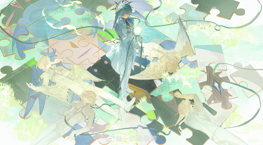 5boys, absurdres, angel_wings, black_shirt, blue_vest, closed_mouth, earrings, gloves, glowing, gold_earrings, grass, green_ribbon, grey_hair, hair_between_eyes, halo, halo_behind_head, hand_up, head_wings, highres, holding, holding_ribbon, honkai:_star_rail, honkai_(series), jacket, jewelry, long_sleeves, looking_ahead, lying, m_iumiu1224, male_focus, medium_hair, multiple_boys, multiple_persona, multiple_wings, on_back, on_side, pants, piercing, puzzle_piece, ribbon, shirt, shoes, solo_focus, spiked_halo, standing, sunday_(honkai:_star_rail), thigh_strap, turtleneck, turtleneck_shirt, vest, weibo_watermark, white_footwear, white_gloves, white_jacket, white_pants, white_wings, wide_shot, wing_piercing, wings, yellow_eyes
