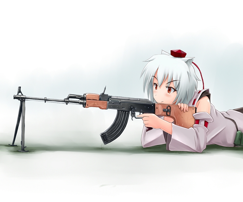 animal_ears, gun, hat, inubashiri_momiji, kcme, lying, on_stomach, rifle