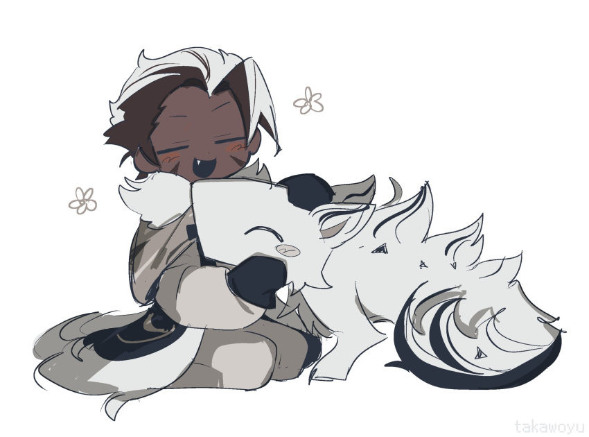 1boy, :d, black_capelet, black_gloves, black_mouth, brown_hair, capelet, closed_eyes, commentary, cookie_run, cookie_run:_kingdom, crunchy_chip_cookie, dark-skinned_male, dark_skin, english_commentary, fang, food-themed_creature, full_body, fur-trimmed_capelet, fur_trim, gloves, grey_pants, grey_shirt, highres, humanization, long_sleeves, male_focus, multicolored_hair, open_mouth, pants, shirt, short_hair, simple_background, sitting, smile, takawoyu, two-tone_hair, very_dark_skin, white_background, white_hair, wolf