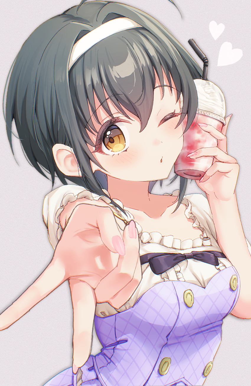 1girl, ;o, ahoge, black_hair, blush, buttons, collarbone, commentary_request