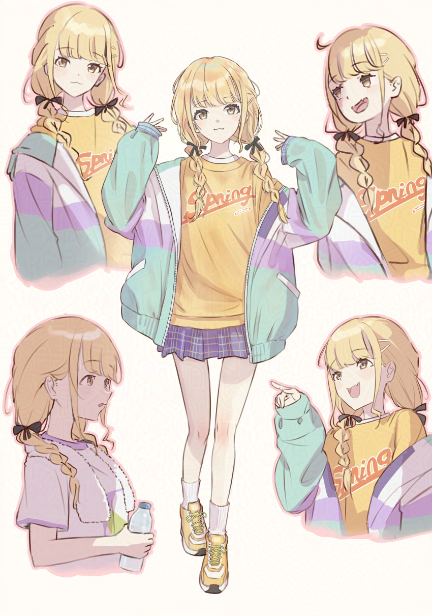 1girl, absurdres, blonde_hair, blue_skirt, braid, cropped_torso, fang, fujita_kotone, full_body, gakuen_idolmaster, haro_(har_illust), highres, idolmaster, jacket, long_hair, looking_at_viewer, multicolored_clothes, multicolored_jacket, multiple_views, open_clothes, open_jacket, plaid_clothes, plaid_skirt, pleated_skirt, pointing, shirt, simple_background, skin_fang, skirt, towel, towel_around_neck, twin_braids, upper_body, white_background, yellow_eyes, yellow_shirt