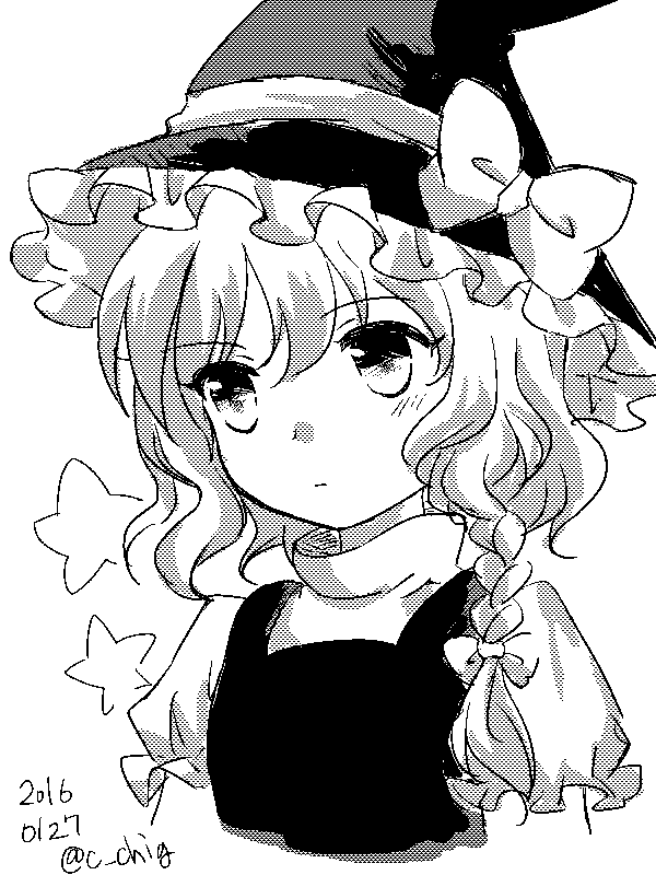1girl, bow, braid, closed_mouth, cropped_arms, cropped_torso, dated, expressionless, frilled_sleeves, frills, greyscale, hair_between_eyes, hair_bow, halftone, hat, hat_bow, jaggy_lines, kirisame_marisa, light_blush, long_hair, looking_to_the_side, mashiro_chigusa, monochrome, puffy_short_sleeves, puffy_sleeves, short_sleeves, side_braid, simple_background, single_braid, solo, star_(symbol), touhou, turtleneck, twitter_username, upper_body, white_background, witch_hat