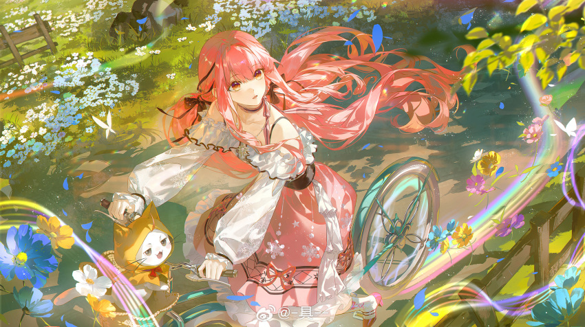 1girl, animal, bare_shoulders, bicycle, capelet, cat, clothed_animal, commentary_request