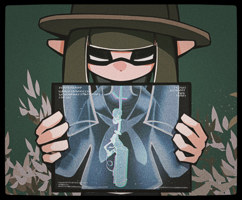 1girl, black_border, blunt_bangs, border, chromatic_aberration, closed_eyes, commentary_request, e-liter_4k_(splatoon), film_grain, green_background, green_hair, green_hat, hat, highres, inkling, inkling_girl, inkling_player_character, long_hair, mercy_war, no_mouth, pointy_ears, sailor_collar, sailor_shirt, shirt, solo, splatoon_(series), tentacle_hair, upper_body, x-ray_film