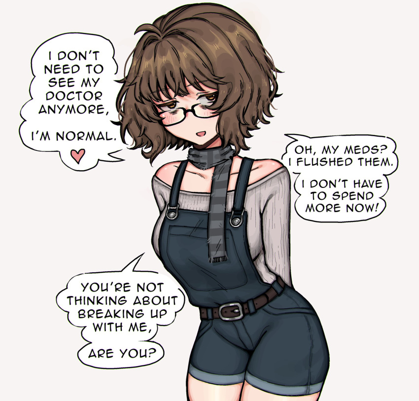 1girl, belt_buckle, breasts, brown_eyes, brown_hair, buckle, denim, denim_shorts, english_text, hand_on_own_back, heart, highres, looking_at_viewer, medium_breasts, original, scarf, short_hair, shorts, simple_background, snale, speech_bubble, spoken_heart, standing, striped_clothes, striped_scarf, sunglasses, thighs, upper_body, white_background