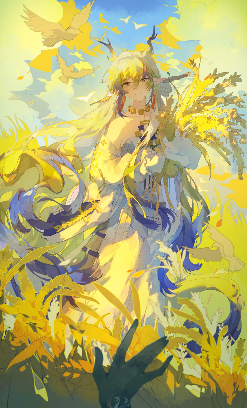 1girl, absurdres, animal, arknights, bare_shoulders, beads, belt, bird