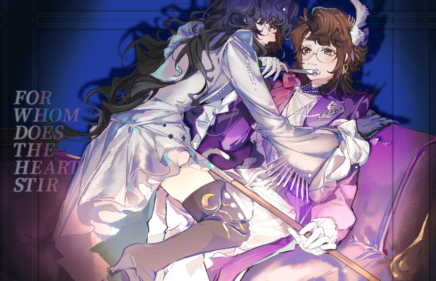 2girls, absurdres, black_gloves, black_hair, blue_background, boots, brown_footwear, brown_hair