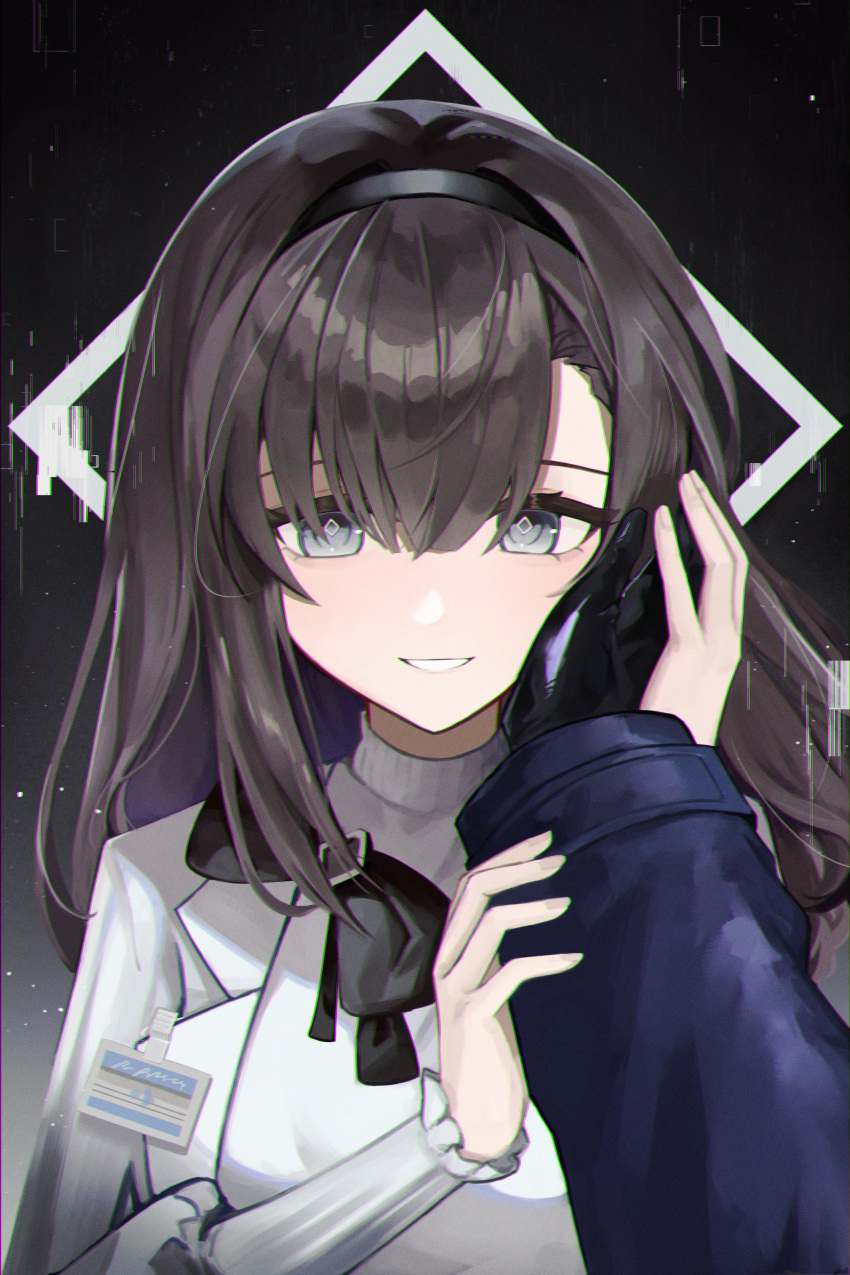 1girl, absurdres, arknights, bimo_(bimo_koa), black_gloves, black_hairband, brown_hair, commentary_request