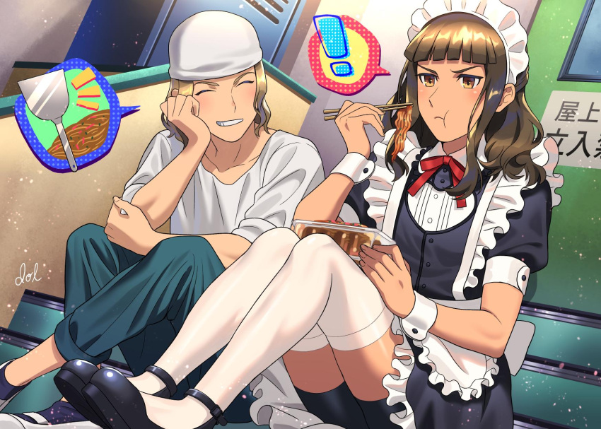 !, 2boys, apron, aqua_pants, black_dress, black_footwear, blonde_hair, brown_eyes