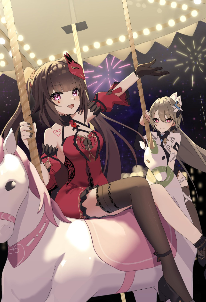 2girls, bare_shoulders, blunt_bangs, brown_hair, carousel, commentary, detached_sleeves, dress