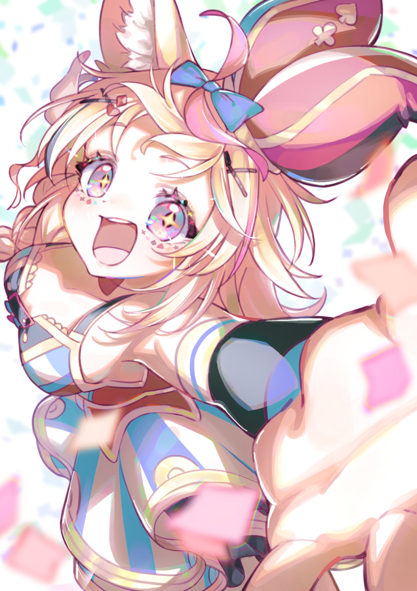 +_+, 1girl, animal_ear_fluff, animal_ears, blonde_hair, blue_bow, bow, braid, breasts, confetti, dress, fox_ears, fox_girl, from_above, hair_bow, hair_ornament, hairclip, hat, highres, hololive, long_hair, looking_at_viewer, makeup, medium_breasts, multicolored_clothes, multicolored_dress, multicolored_hair, nmnkymd, omaru_polka, omaru_polka_(1st_costume), open_mouth, outstretched_arms, outstretched_hand, side_braid, sleeveless, sleeveless_dress, smile, solo, streaked_hair, violet_eyes, virtual_youtuber, white_background