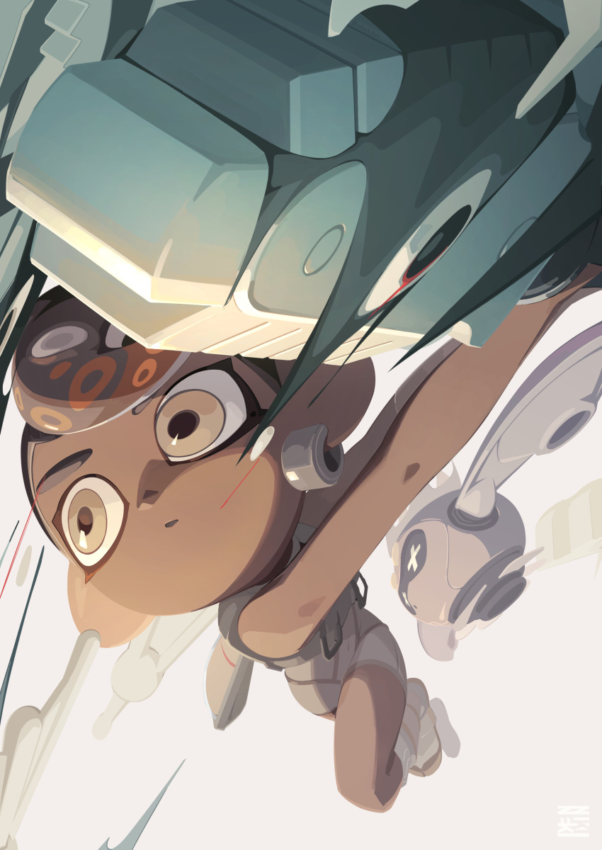 1boy, absurdres, agent_8_(splatoon), artist_logo, attack_trail, boots, closed_mouth, colored_tips