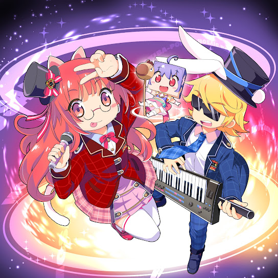 1boy, 2000s_(style), 2girls, animal_ears, artist_request, bad_source, blonde_hair, cat_ears, cat_girl, cat_tail, coat, fairy, hat, holding, holding_microphone, instrument, jumping, kayori_susumu, keyboard_(instrument), long_hair, mi-ko_(mosaic.wav), microphone, mini_hat, mini_person, minigirl, mosaic.wav, multiple_girls, necktie, official_art, pink_eyes, pink_hair, purple_hair, rabbit_ears, red_coat, risuku_(mosaic.wav), second-party_source, sunglasses, tail, thigh-highs, top_hat, white_thighhighs, zettai_ryouiki