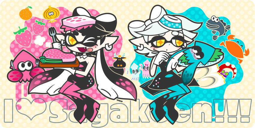 alternate_color, callie_(splatoon), chopsticks, crab, eating, fish, food, holding