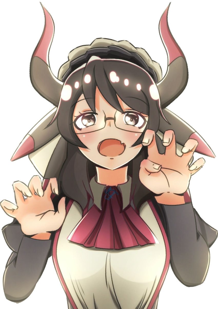 1girl, apron, black_hair, blush, braid, crown_braid, dragon_girl, dragon_horns