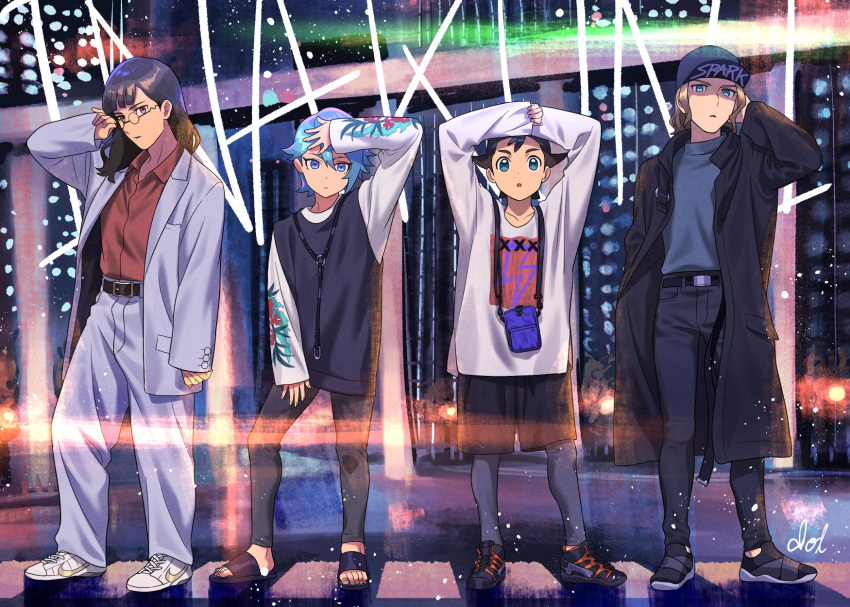4boys, black_coat, black_footwear, black_pants, black_shorts, blonde_hair, blue_bag, blue_eyes, blue_hair, blue_leggings, blue_pants, brown_eyes, brown_hair, coat, collared_shirt, dolustoy, fanny_pack, glasses, highres, hiura_kirina, inamori_asuto, inazuma_eleven_(series), inazuma_eleven_ares_no_tenbin, jacket, leggings, leggings_under_shorts, light_blue_hair, long_hair, looking_at_viewer, male_focus, mansaku_yuuichirou, michinari_tatsumi, multicolored_shirt, multiple_boys, o-ring, pants, red_shirt, sandals, shirt, shoes, shorts, sneakers, white_footwear, white_shirt