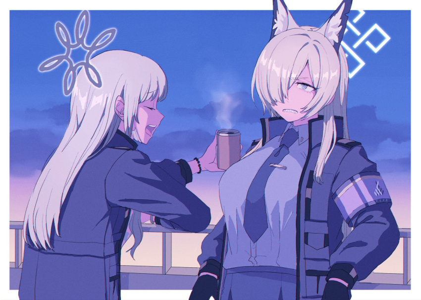 2girls, animal_ear_fluff, animal_ears, armband, blonde_hair, blue_eyes, blue_halo, closed_eyes