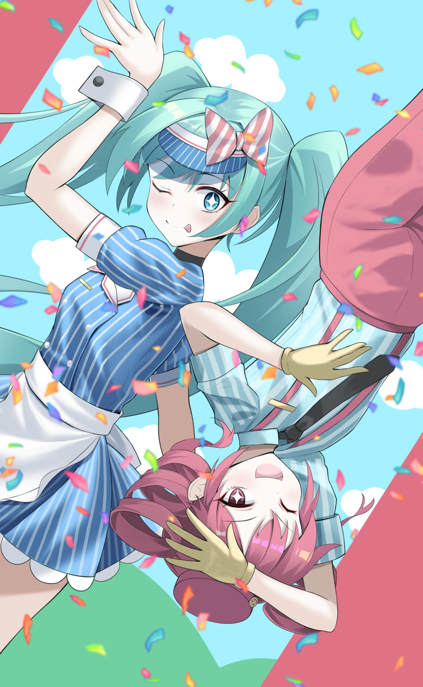 +_+, 2girls, apron, black_choker, black_necktie, blue_eyes, blue_hair, blue_sky