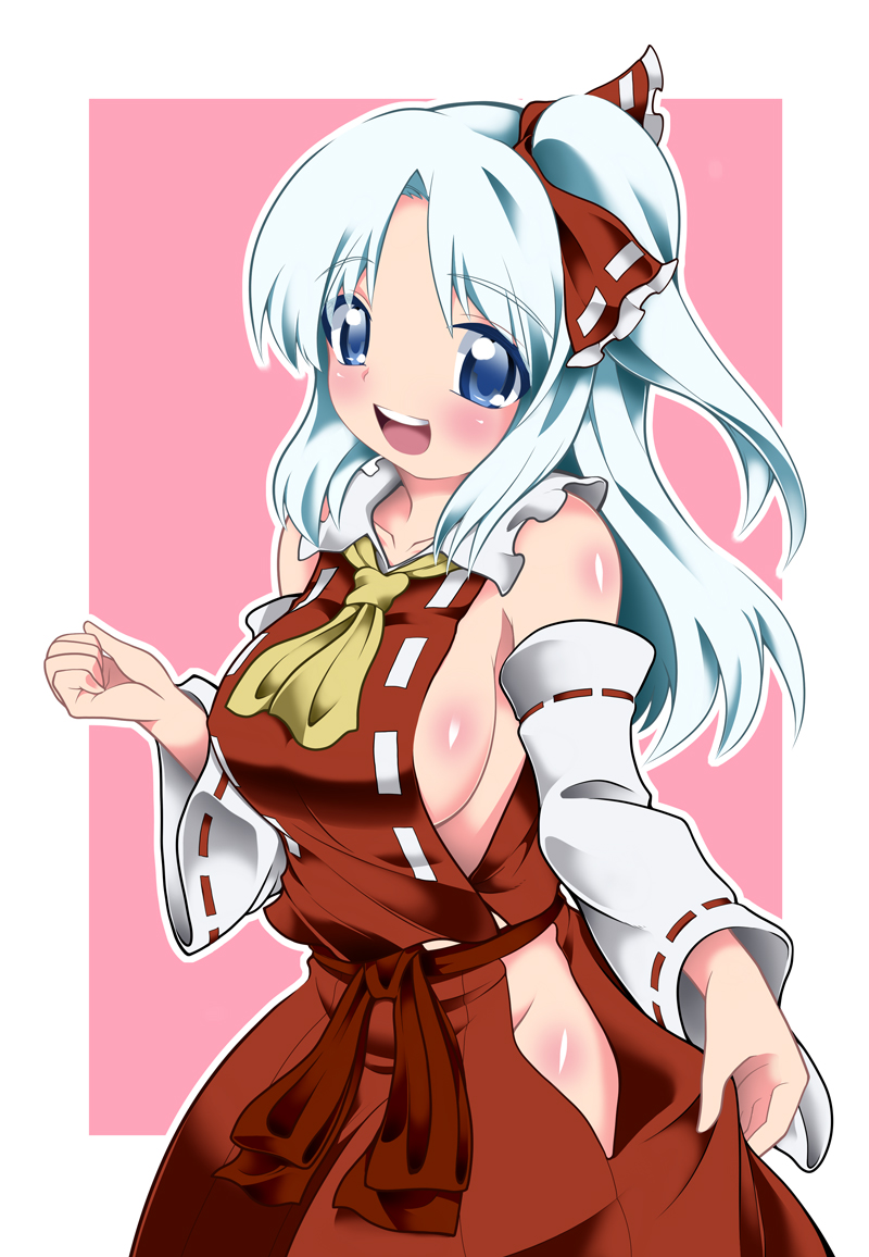 blue_eyes, breasts, cosplay, detached_sleeves, fuantei, hakurei_reimu, hakurei_reimu_(cosplay), long_hair