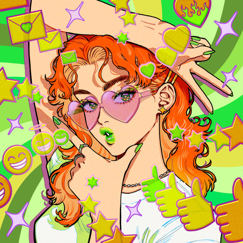 1girl, analogous_colors, arm_on_own_head, arm_up, curtained_hair, earrings, emoji, green_background