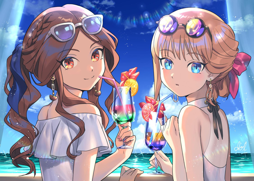 2girls, bendy_straw, blue_eyes, blue_sky, bow, brown_hair, clouds, cocktail