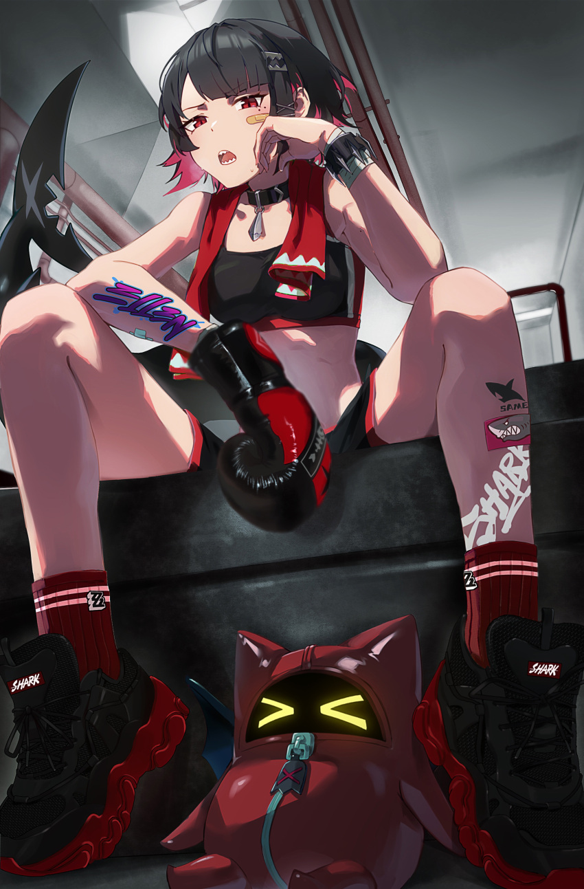 >_<, 1girl, absurdres, ankle_socks, annoyed, arm_tattoo, bandaged_wrist, bandages, bandaid, bandaid_on_arm, bandaid_on_face, bangboo_(zenless_zone_zero), black_collar, black_footwear, black_hair, black_shorts, black_tank_top, boxing_gloves, bracelet, breasts, chinese_commentary, collar, colored_inner_hair, commentary_request, demon_wings, devilboo_(zenless_zone_zero), elbow_rest, elbows_on_knees, ellen_joe, emo_qianzi, fins, fish_tail, foreshortening, from_below, hand_on_own_cheek, hand_on_own_face, highres, indoors, jewelry, leg_tattoo, legs_apart, looking_at_viewer, medium_breasts, mole, mole_on_arm, mole_under_eye, multicolored_hair, multiple_moles, open_mouth, pendant_collar, perspective, red_footwear, red_shorts, red_socks, red_tank_top, redhead, shark_fin, shark_girl, shark_tail, sharp_teeth, shoes, short_hair, shorts, sitting, sneakers, socks, sweat, tail, tank_top, tattoo, teeth, tiptoes, two-tone_footwear, two-tone_hair, two-tone_shorts, wings, zenless_zone_zero