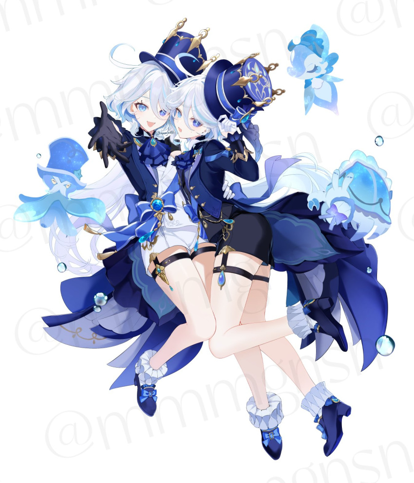 2girls, ahoge, ascot, black_pants, blue_jacket, bubble, full_body, furina_(genshin_impact)