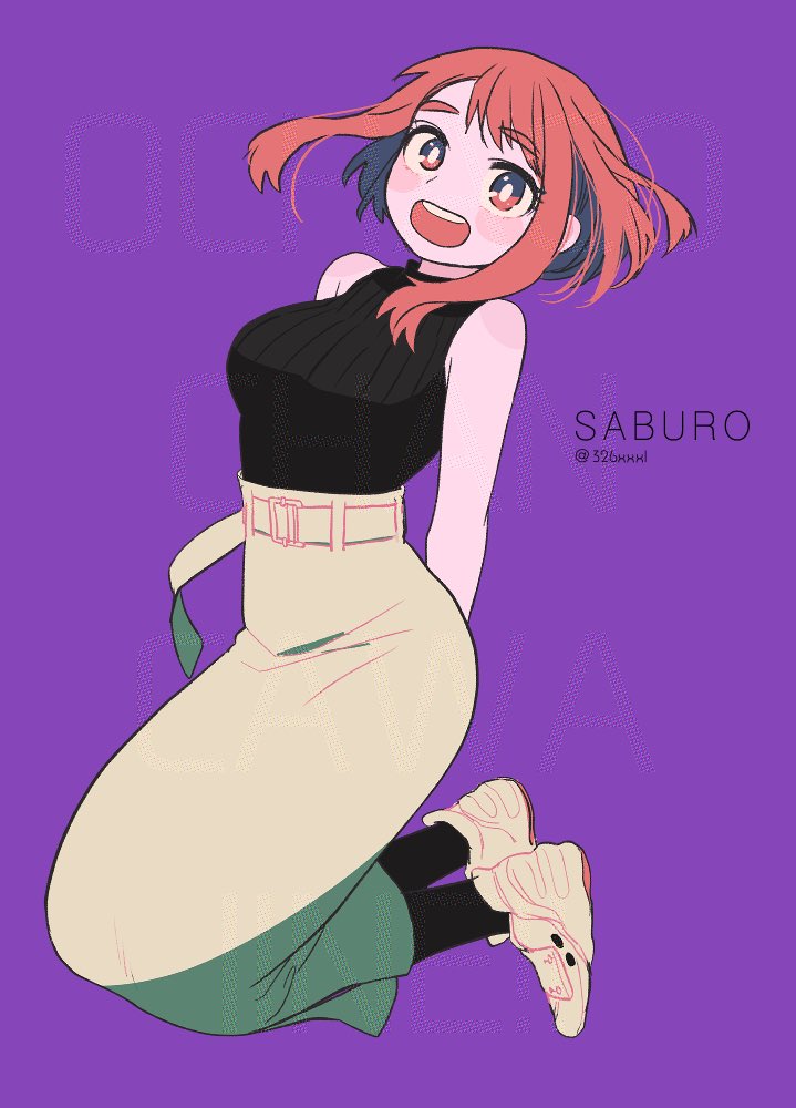 1girl, artist_name, bare_shoulders, blush, blush_stickers, boku_no_hero_academia, breasts, brown_eyes
