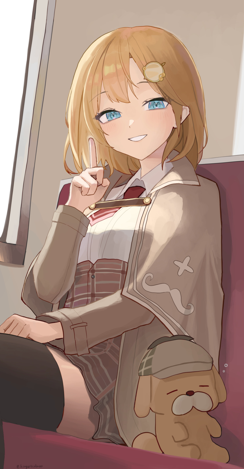 1girl, absurdres, blonde_hair, blue_eyes, bob_cut, brown_skirt, detective, hair_ornament