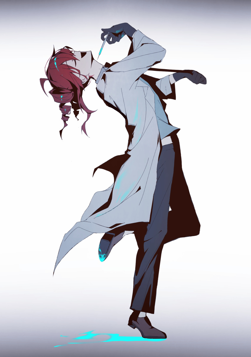 1girl, ahoge, alternate_costume, ambiguous_blue_liquid, black_gloves, black_pants, blue_shirt, closed_eyes