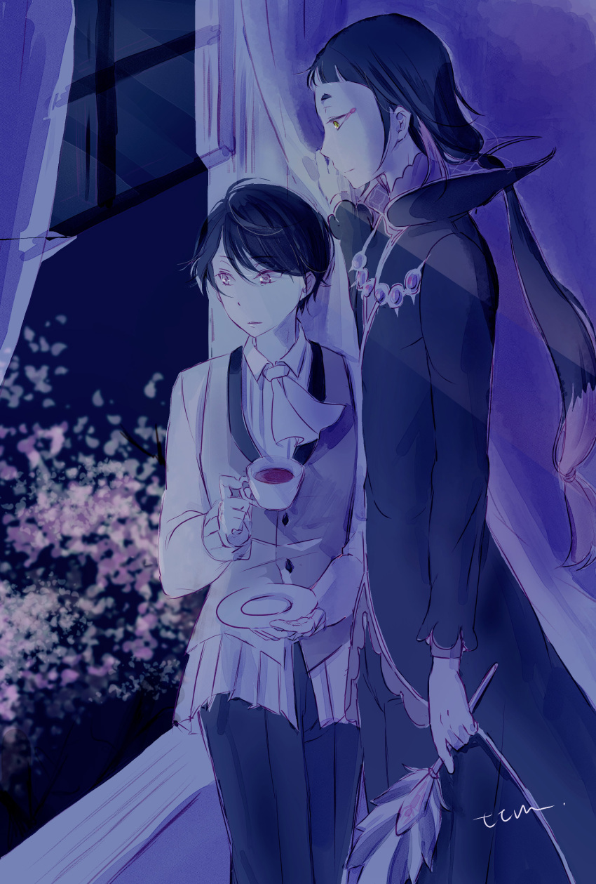 2boys, black_hair, black_pants, chisha_gold, cup, feathers, gloves, gradient_hair