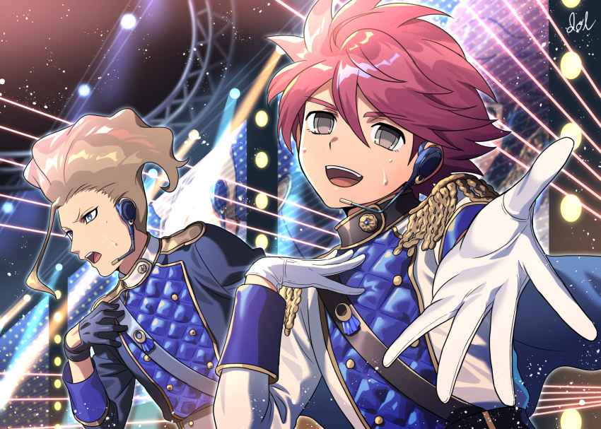 2boys, black_gloves, blue_eyes, brown_hair, dolustoy, gloves, grey_eyes, highres