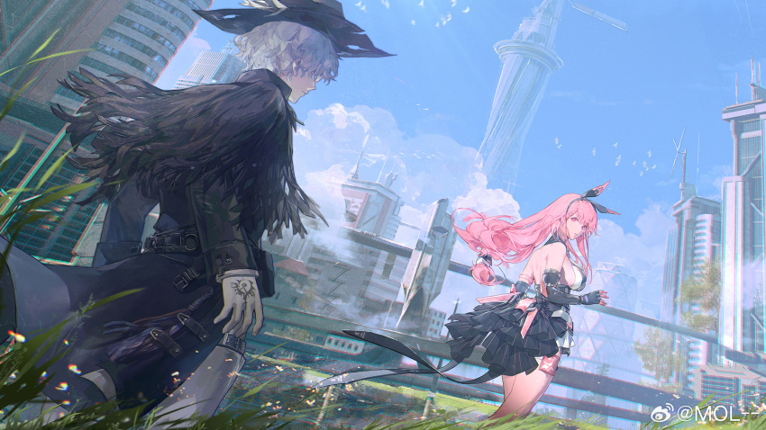 1boy, 1girl, ayla:_kaleido_(pgr), ayla_(pgr), backless_dress, backless_outfit, black_bow, black_cloak