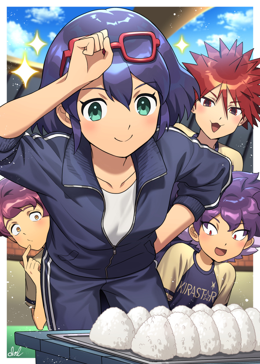 1girl, 3boys, blue_hair, blue_jacket, blue_pants, blue_sky, clouds, dolustoy, eyewear_on_head, food, green_eyes, highres, inazuma_eleven_(series), inazuma_eleven_ares_no_tenbin, jacket, kotono_tomio, looking_at_food, multicolored_hair, multiple_boys, onigiri, open_mouth, orio_fuyuki, otonashi_haruna, pants, purple_hair, red-framed_eyewear, red_eyes, redhead, sasotsuka_eiji, seishou_gakuen, shirt, sky, soccer_uniform, sparkle, spiky_hair, sportswear, track_jacket, track_pants, track_suit, two-tone_hair, upper_body, white_shirt, yellow_eyes