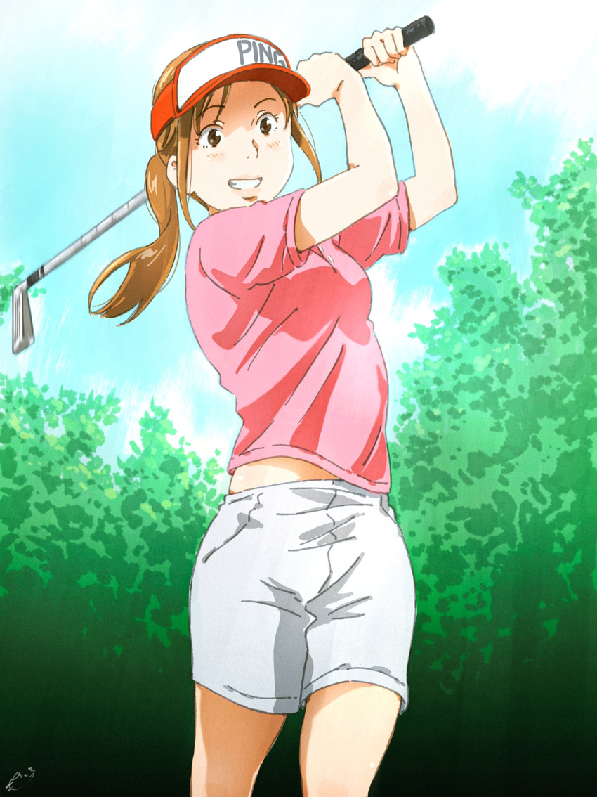 1girl, alternate_art_style, brown_eyes, brown_hair, commentary_request, golf, golf_club, highres
