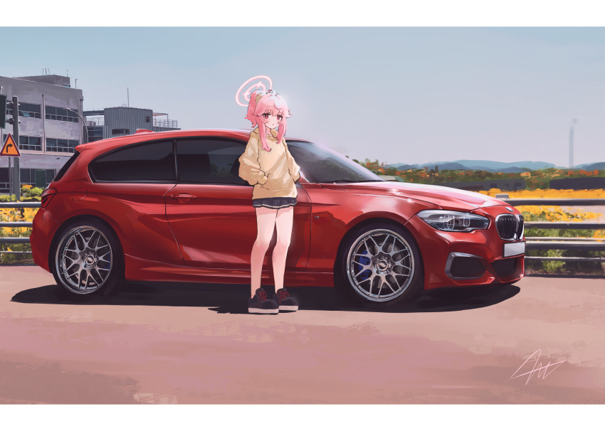 1girl, absurdres, ahoge, black_footwear, black_skirt, blue_archive, bmw, bmw_1_series, brown_hoodie, car, commentary_request, halo, hands_in_pocket, high_ponytail, highres, hood, hoodie, korean_commentary, long_hair, looking_at_viewer, miniskirt, motor_vehicle, natsu_(blue_archive), nougat_(73r1r1), outdoors, pink_eyes, pink_hair, pink_halo, pleated_skirt, red_car, road_sign, shoes, sidelocks, sign, signature, skirt, sky, sneakers, solo, standing, vehicle_focus
