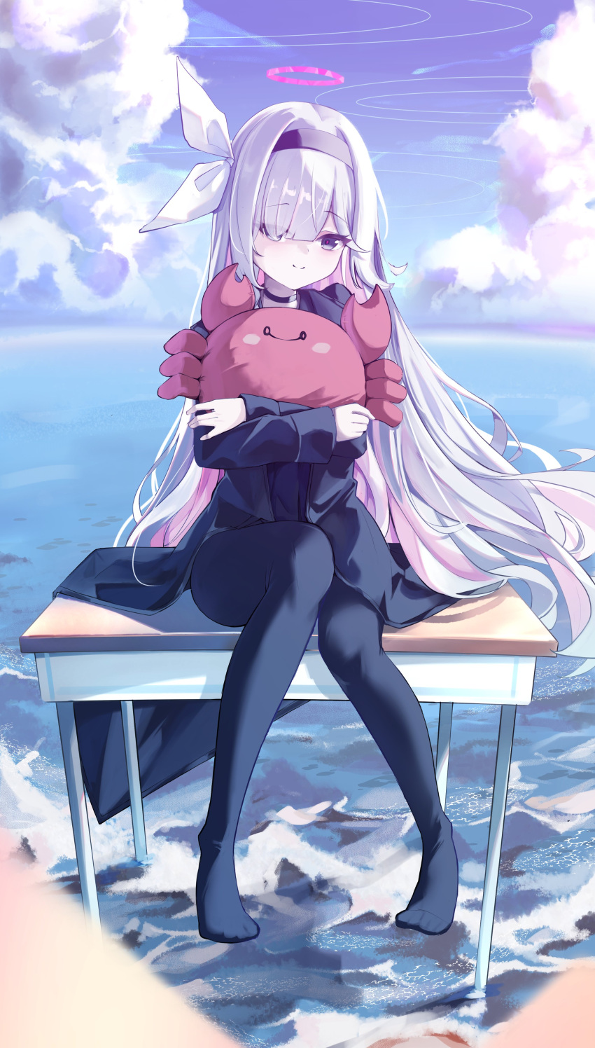1girl, absurdres, black_choker, black_eyes, black_hairband, black_jacket, black_pantyhose, black_shirt, blue_archive, bow, choker, closed_mouth, clouds, clover_dot_(clov_erd), colored_inner_hair, commentary, commission, day, desk, hair_bow, hair_over_one_eye, hairband, halo, highres, holding, holding_stuffed_toy, hugging_object, jacket, long_hair, long_sleeves, looking_at_viewer, multicolored_hair, no_shoes, ocean, on_desk, open_clothes, open_jacket, outdoors, pantyhose, pink_hair, pink_halo, plana_(blue_archive), school_desk, school_uniform, shirt, sitting, sky, smile, solo, split_mouth, stuffed_animal, stuffed_crab, stuffed_toy, very_long_hair, water, white_bow, white_hair