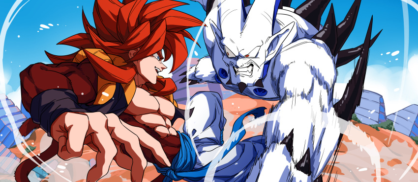 2boys, abs, absurdres, artist_name, battle, black_vest, blue_eyes, body_fur