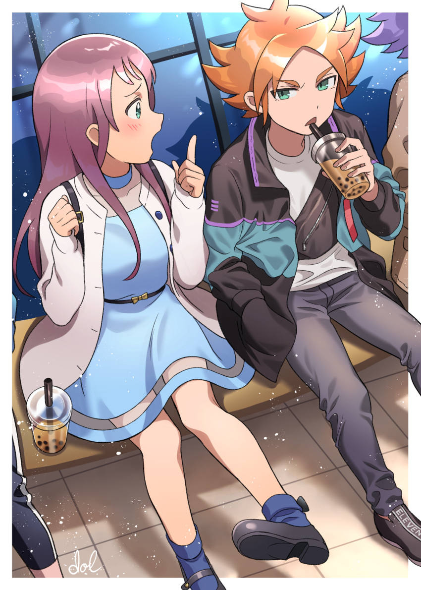 1boy, 1girl, black_bag, black_footwear, black_jacket, black_pants, blue_dress, blue_socks
