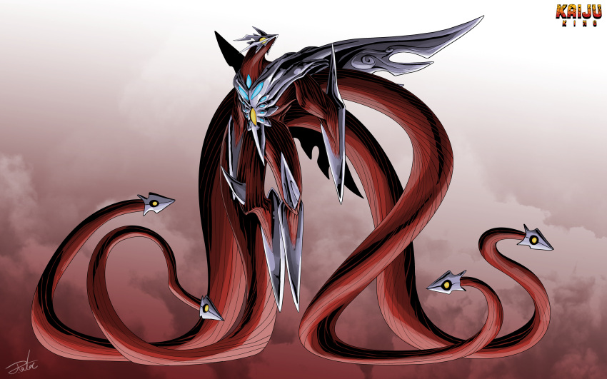 absurdres, arm_blade, english_text, exposed_muscle, full_body, gamera_(series), gugenheim98, highres, horns, iris_(gamera), kaiju, knee_spikes, monster, monster_focus, no_humans, redesign, signature, solo, tentacles, weapon, yellow_eyes
