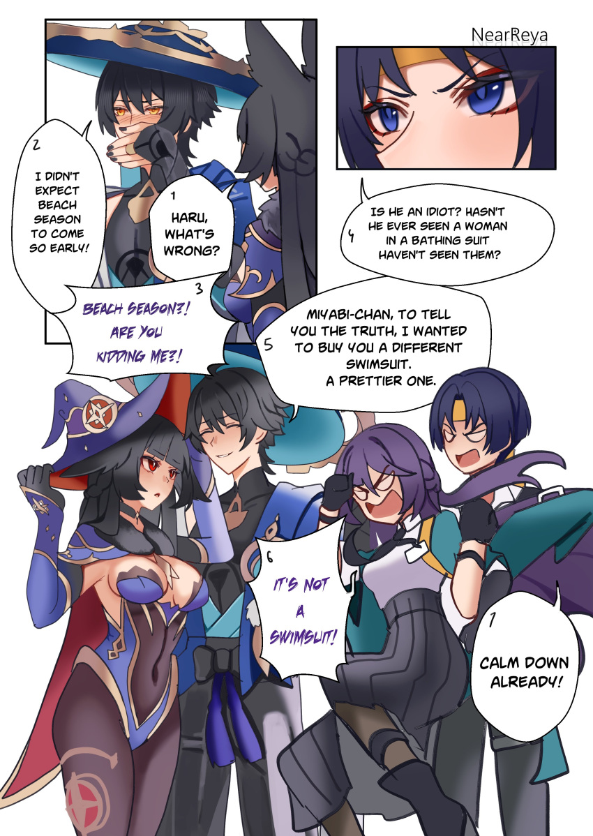 2boys, 2girls, absurdres, alternate_hairstyle, animal_ears, aqua_coat, armor, artist_name