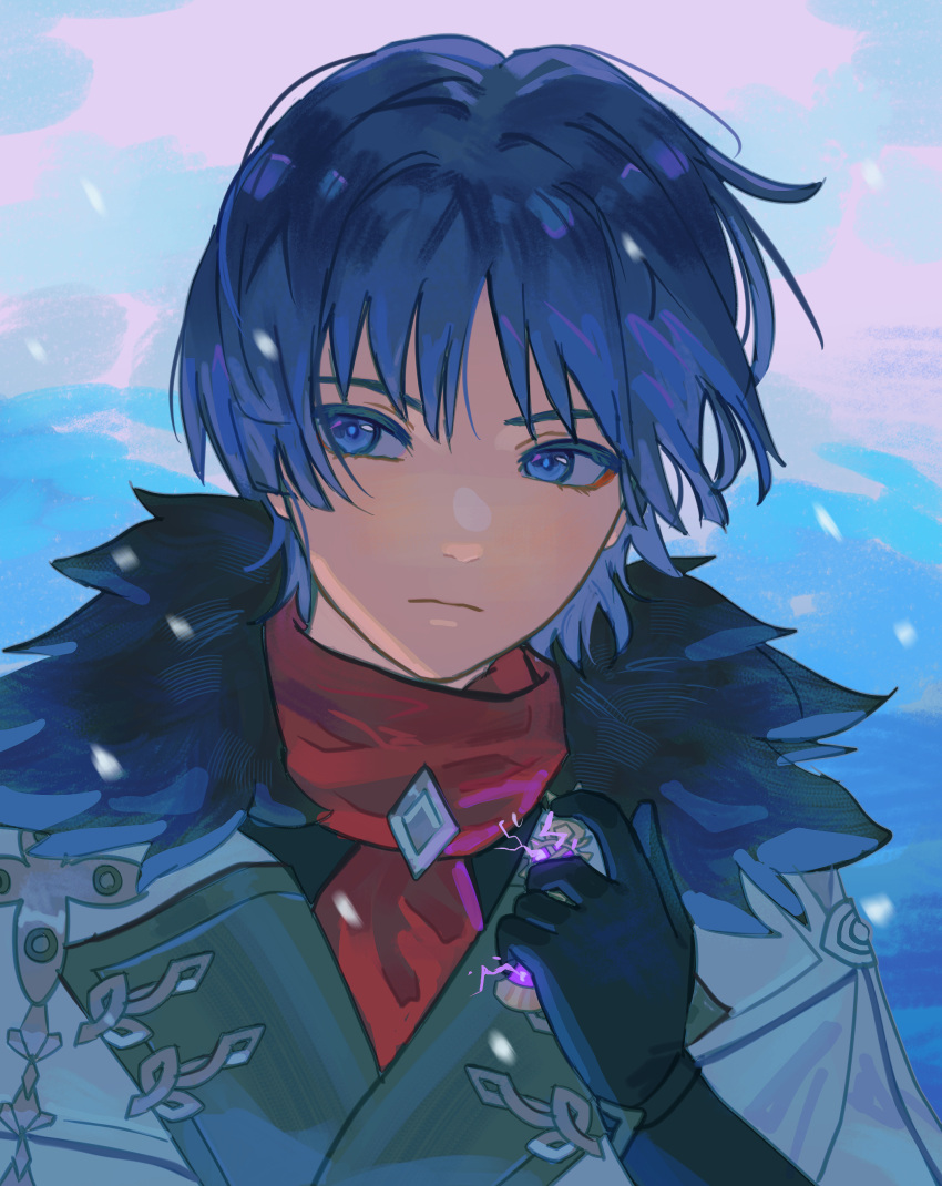1boy, absurdres, bishounen, black_gloves, brooch, closed_mouth, coat, eyeliner