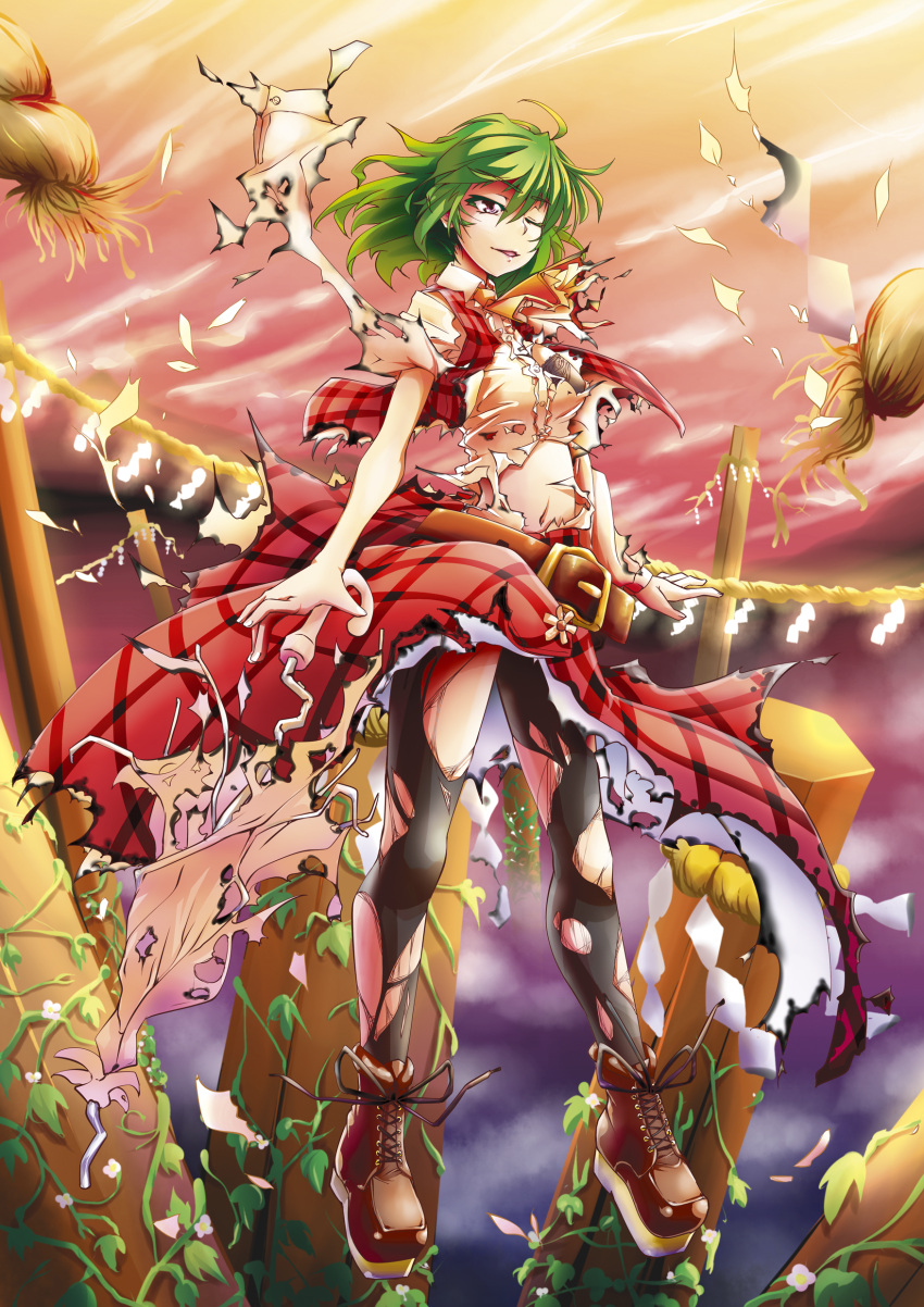 absurdres, ascot, belt, broken_umbrella, green_hair, highres, kazami_yuuka, long_skirt